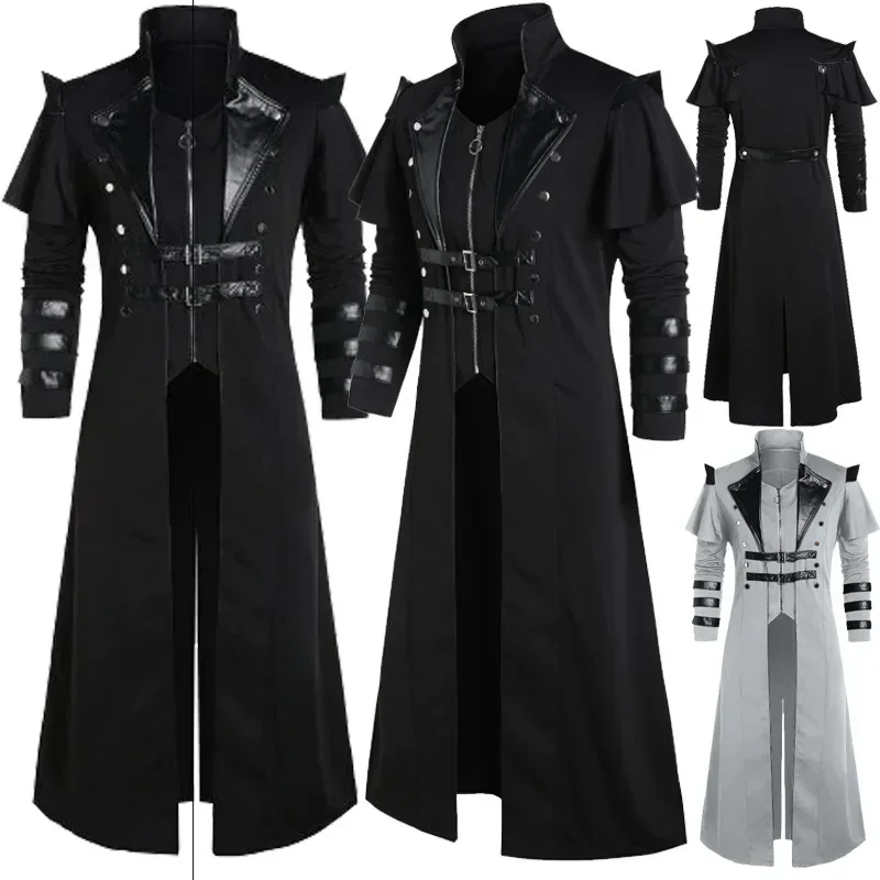 Men Formal Wear Coat - ヴィンテージハロウィン中世スチームパンクエルフ海賊コスチューム大人男性用ロングスプリットジャケットゴシックアーマーレザーコート