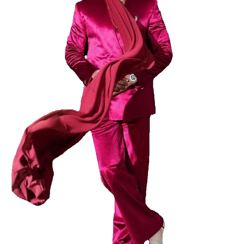 Men Formal Wear With Scarf - ピンクサテンメンズスーツセット 2 ピーススカーフブレザー + パンツウエディング結婚式タキシードコート秋カスタマイズされたフォーマルオフィスビジネスジャケット