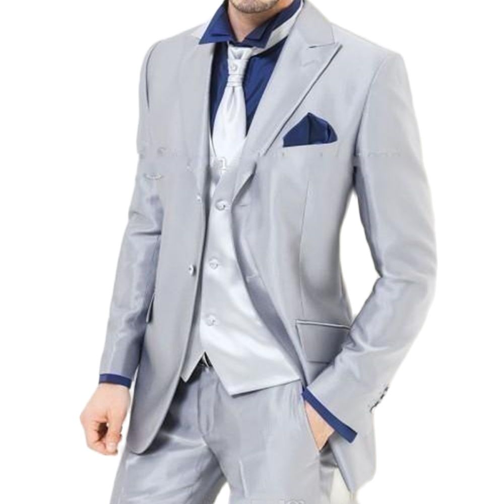 Men'S Formal Dinner Wear - カスタムメイドシルバー光沢のあるサテンメンズスーツ 3 個ジャケットパンツベスト無料ネクタイ男性ブレザーズボンディナーパーティー着用服