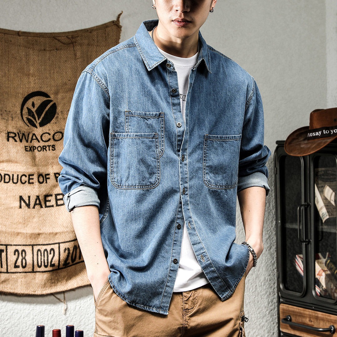 Men Formal Wear Coat - 春の若者向けハンサムデニムツール加工長袖シャツメンズインスタ風トレンド万能カジュアルアメリカンレトロシャツジャケット