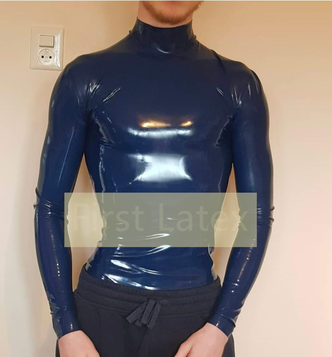 Men Formal Wear Coat - Foshain メンズ天然ラテックストップハイネック長袖ゴムラテックスシャツラバーブラウスラテックスポロシャツジッパーなしカスタムメイド