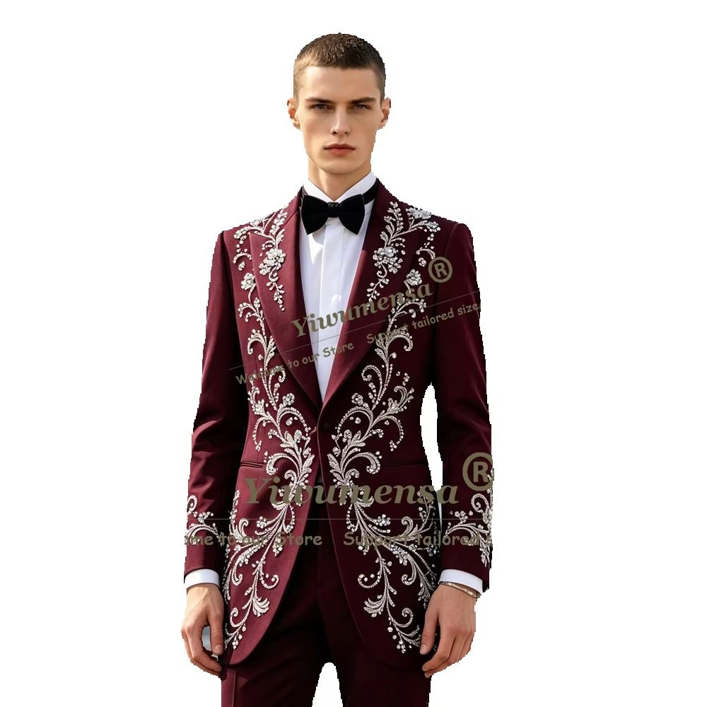Men'S Formal Dinner Wear - ラグジュアリークリスタルビーズ装飾メンズスーツ 2ピースセット ロングジャケット パンツ カスタムメイド グルームウェア