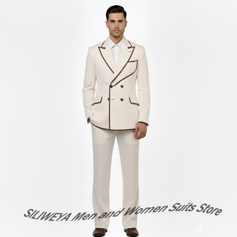 Men Formal Wear Brown - スタイリッシュなメンズダブルブレストスーツセット ブラウンパイピングトリムブレザー+トラウザーズ 2ピースセット 高級ウェディングイブニングテーラードフォーマルウェア