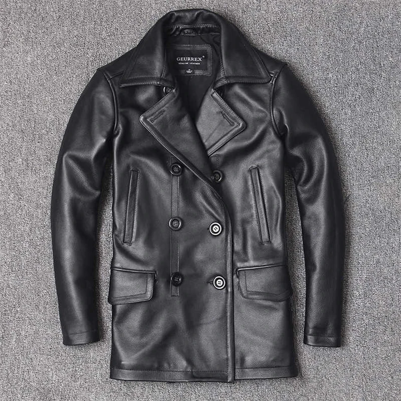 Men Formal Wear Coat - メンズ本革スリムフィットジャケット,ミドル丈ラペルウインドブレーカー,ダブルブレスト牛革ジャケット
