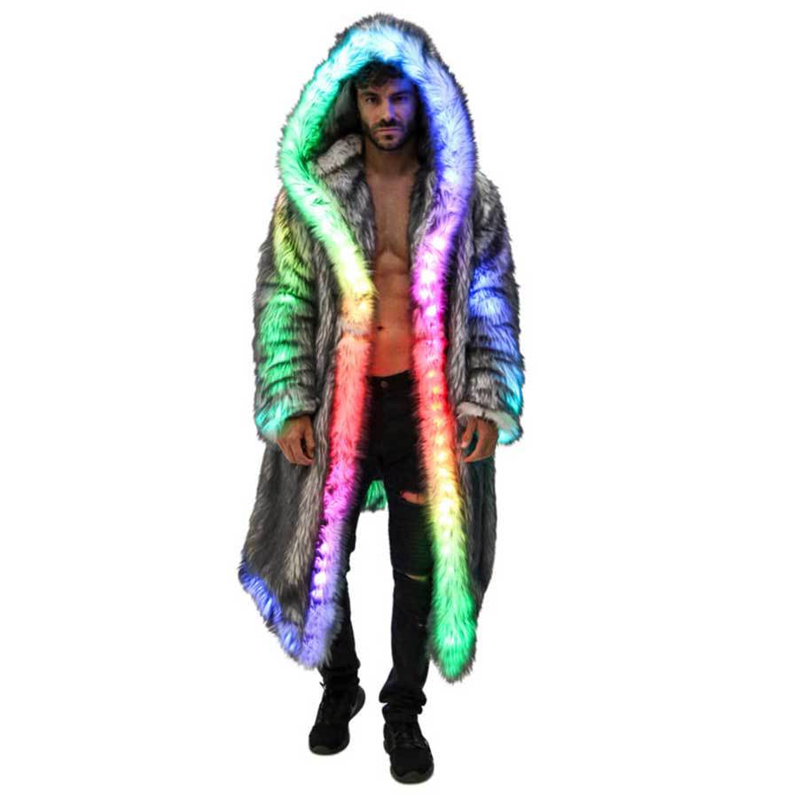Men Formal Wear Coat - フェイクファーコート男性フード付きアウター快適な厚い冬暖かいロングジャケット LED ステージダンスパーティーコスプレ衣装オーバーコート