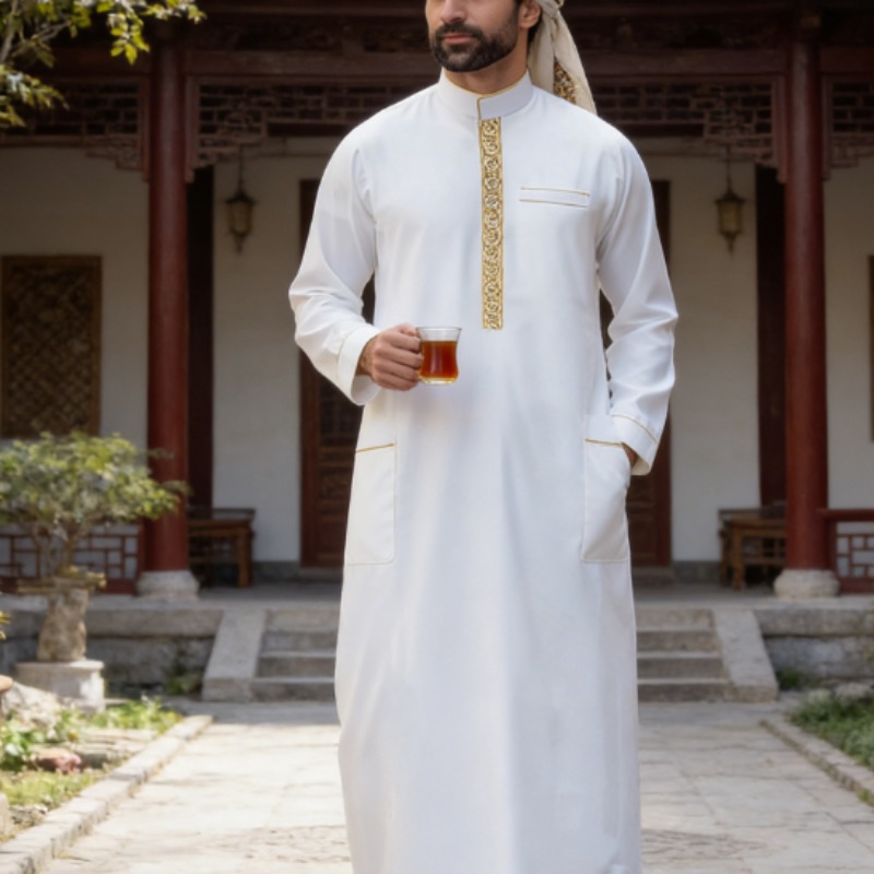 Arabic Formal Wear Men - アラブの男性用トーブ、刺繍入り長袖ルーズフィットイスラム教徒用ジュバ、礼拝用フォーマルウェア