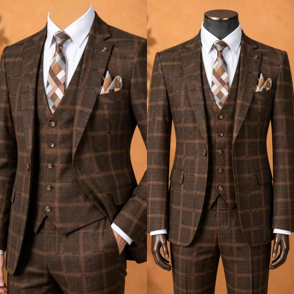 Men Formal Wear Brown - エレガントなブラウンのプレイド柄メンズ3ピーススーツ（ジャケット、ベスト、パンツ）新郎用フォーマルウェディングスーツ、ビジネス、宴会、パーティー、オケージョン向け、カスタマイズ可能