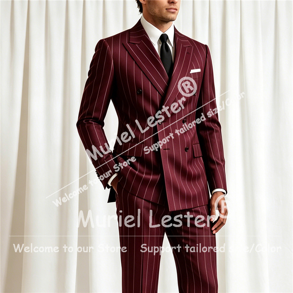 Elegant Formal Men'S Wear - エレガントなストライプスーツ メンズ 2ピースセット ダブルブレストジャケット パンツ カスタマイズ