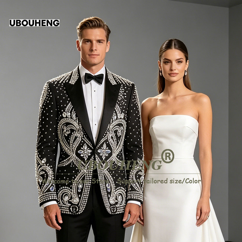 Men'S Formal Dinner Wear - 絶妙な結婚式のスーツ男性用ダイヤモンドビーズプロムブレザーカスタマイズされた 2 ピースセット新郎タキシード衣装フォーマルディナーパーティー衣装