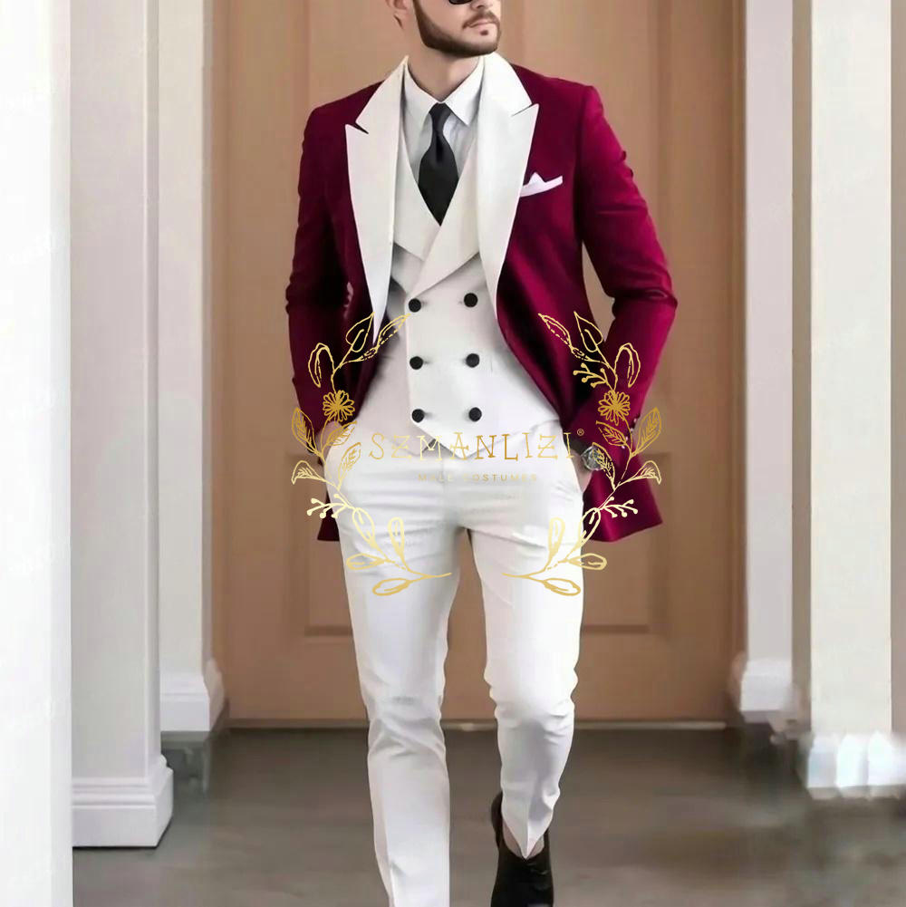 Elegant Formal Men'S Wear - エレガントなバーガンディ 3 ピースメンズスーツ高品質ホワイトピークドラペルジャケットベストパンツ新郎着用紳士カスタマイズセット