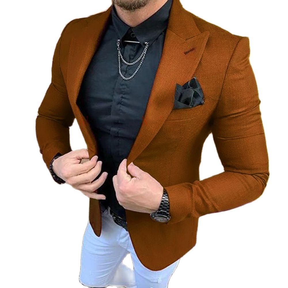 Men Formal Wear Brown - メンズスーツ 2 個服テーラードスリムフィットイブニングパーティーウェアブラウンブレザー白ズボン結婚式新郎タキシードジャケットパンツ