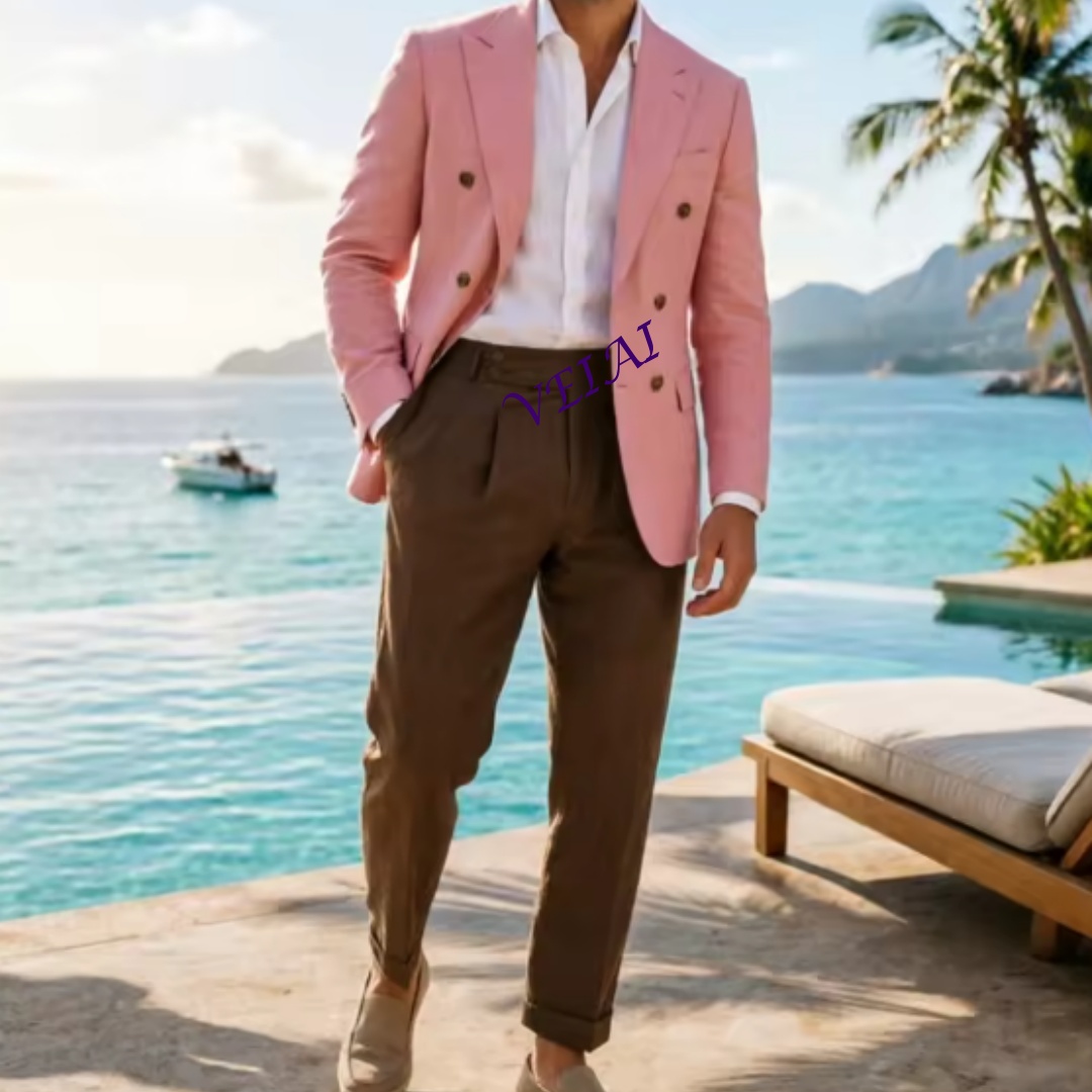 Elegant Formal Men'S Wear - カスタムメイド2ピースベージュリネンメンズダブルスーツ エレガントな新郎衣装 無地 フォーマルイベント パーティー ホリデーウェア
