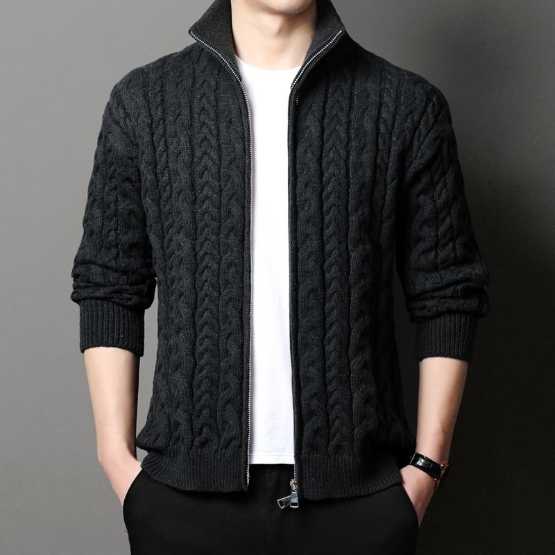 メンズ スタンドカラー ケーブルニット フルジップ ポケット - Men Formal Wear Coat のレビューと価格