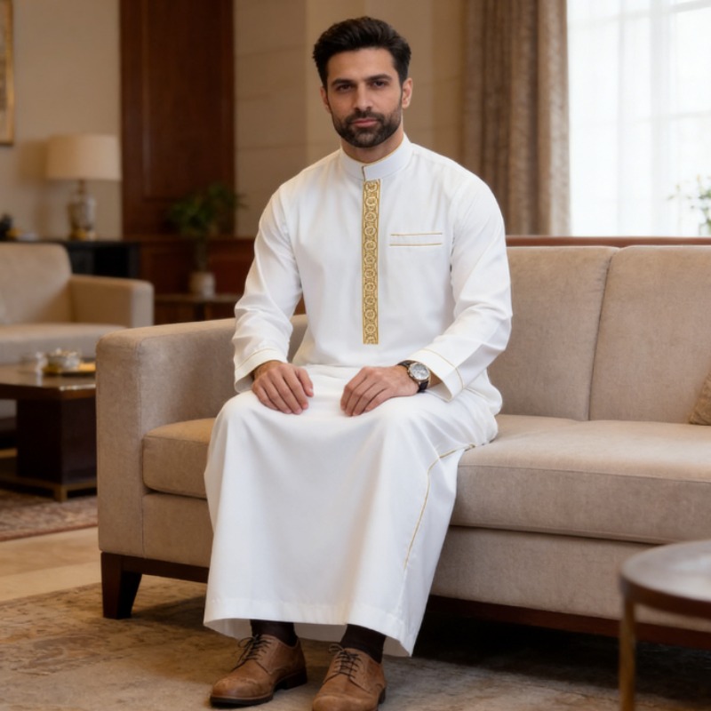 アラブの男性用トーブ、刺繍入り長袖ルーズフィットイスラム教徒 - Arabic Formal Wear Men のレビューと価格