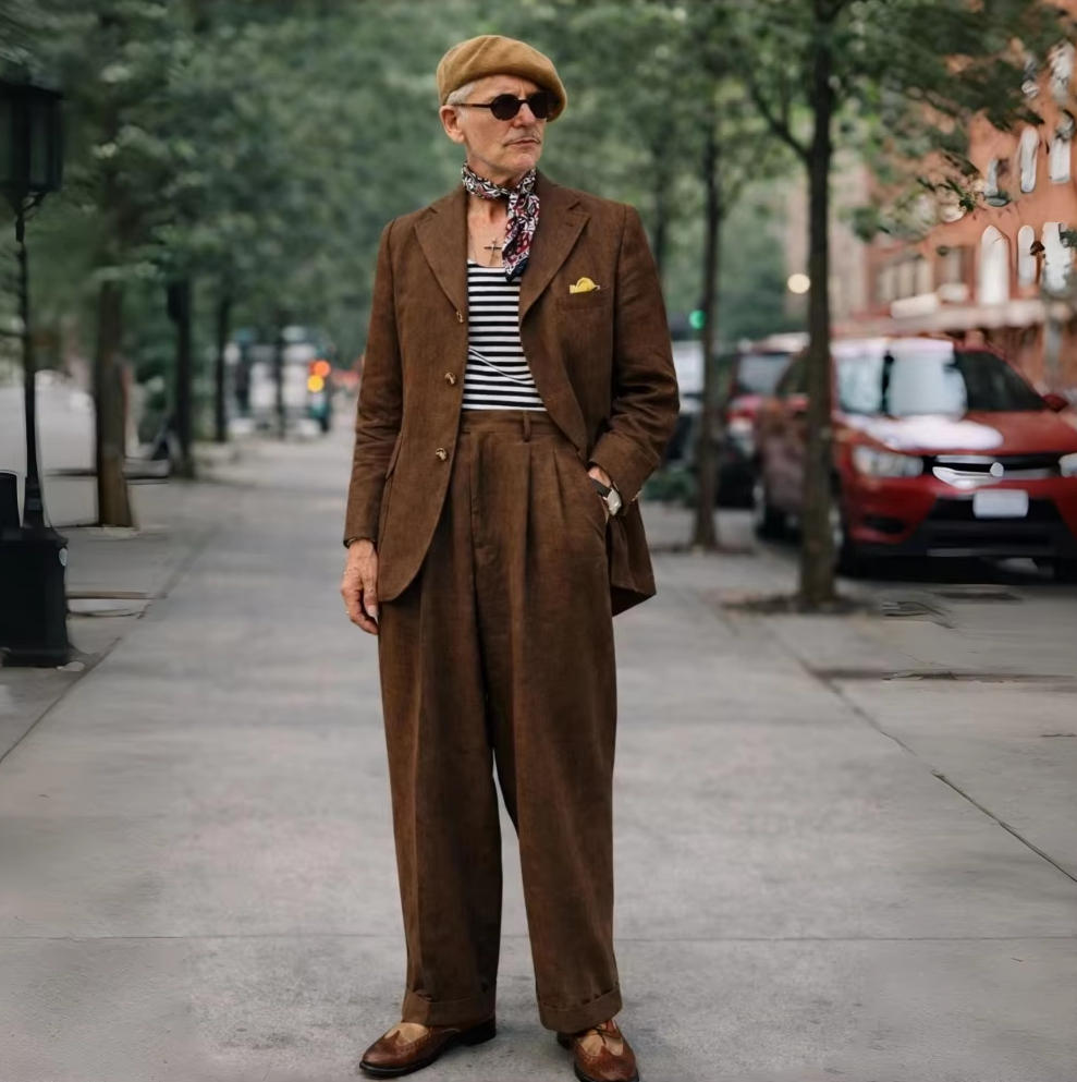ブラウンリネンメンズスーツ2ピース1970年代風メンズスーツ - Men Formal Wear Brown のレビューと価格