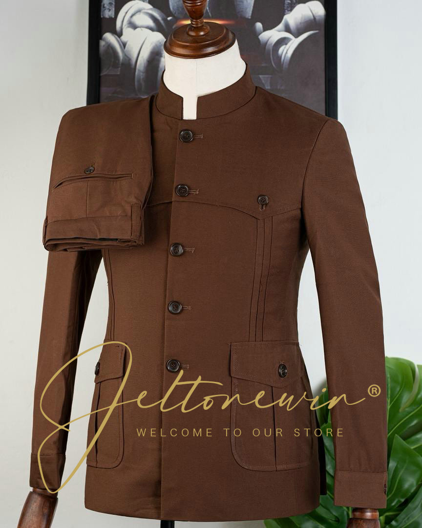 メンズ ブラウン ツーピース スーツ スタンドカラー 5つボ - Men Formal Wear Brown のレビューと価格