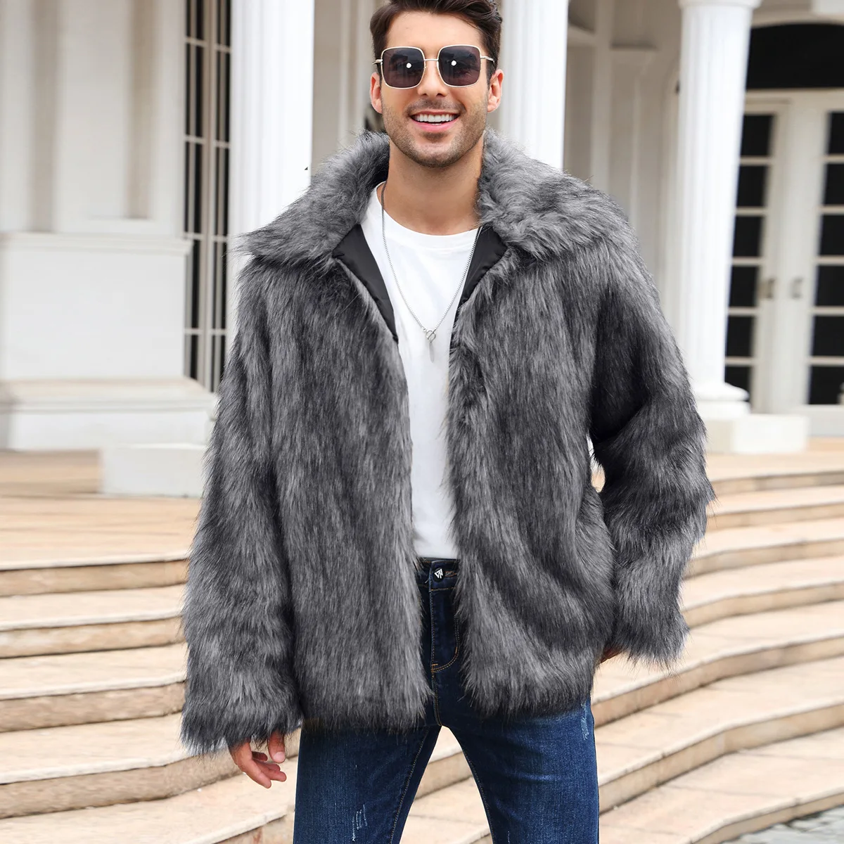 男性フェイクフォックスファージャケットコート冬厚いふわふわ長 - Men Formal Wear Coat のレビューと価格